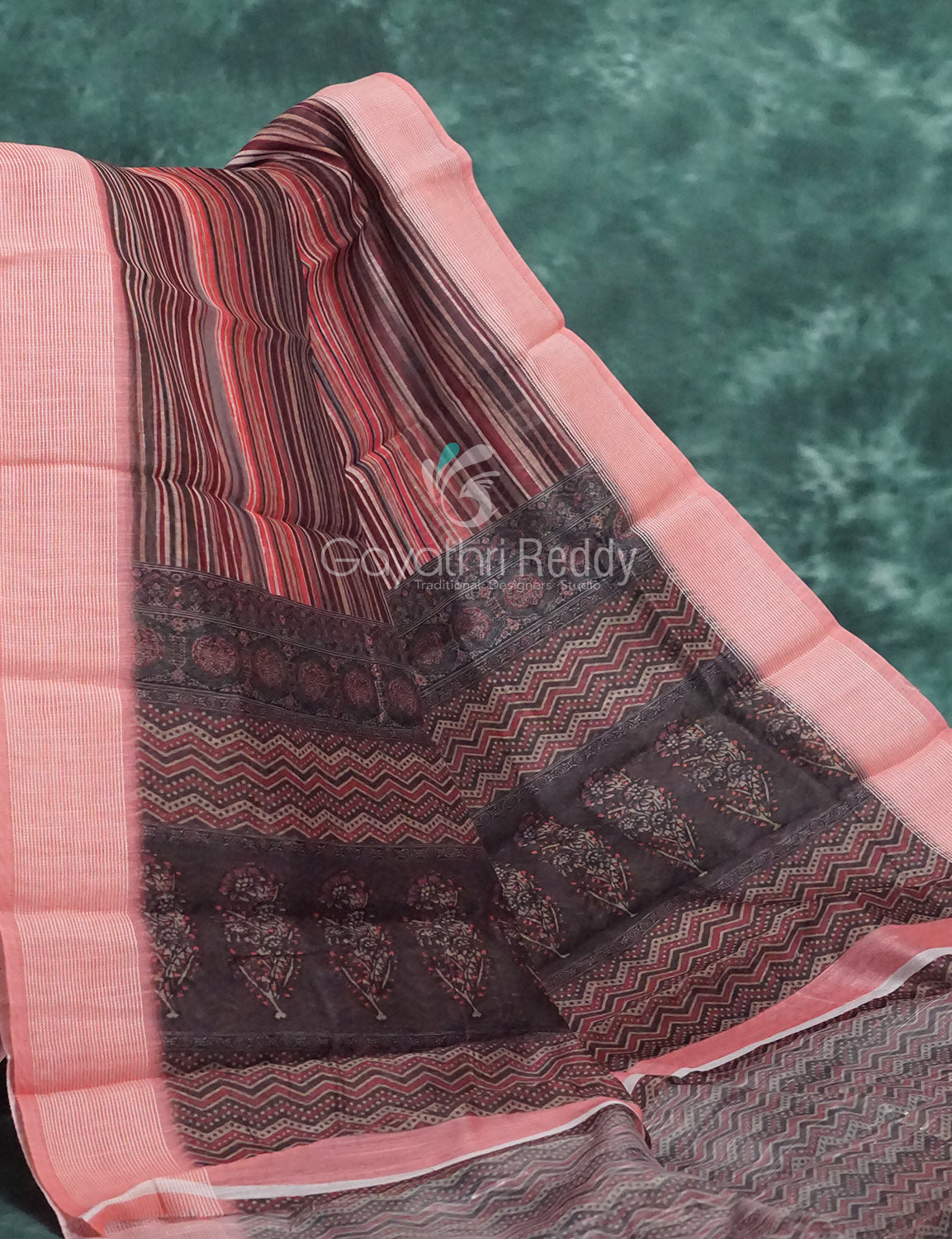 Peach And Brown Colour With Geometrical Print Semi Chanderi Saree. By Gayathri Reddy Designer Studio | Grocsy