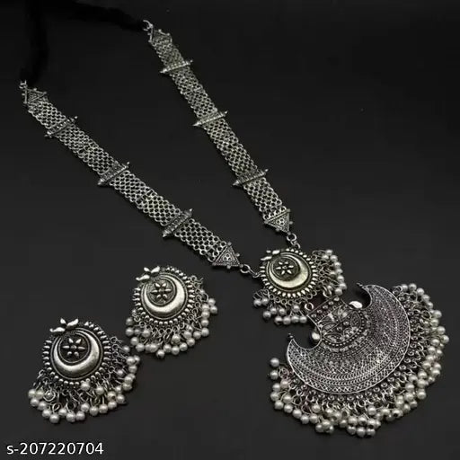 Tehzeeb Creations Women's Bahubali Oxidised Necklace Set With White Pearl - Swadesiicart