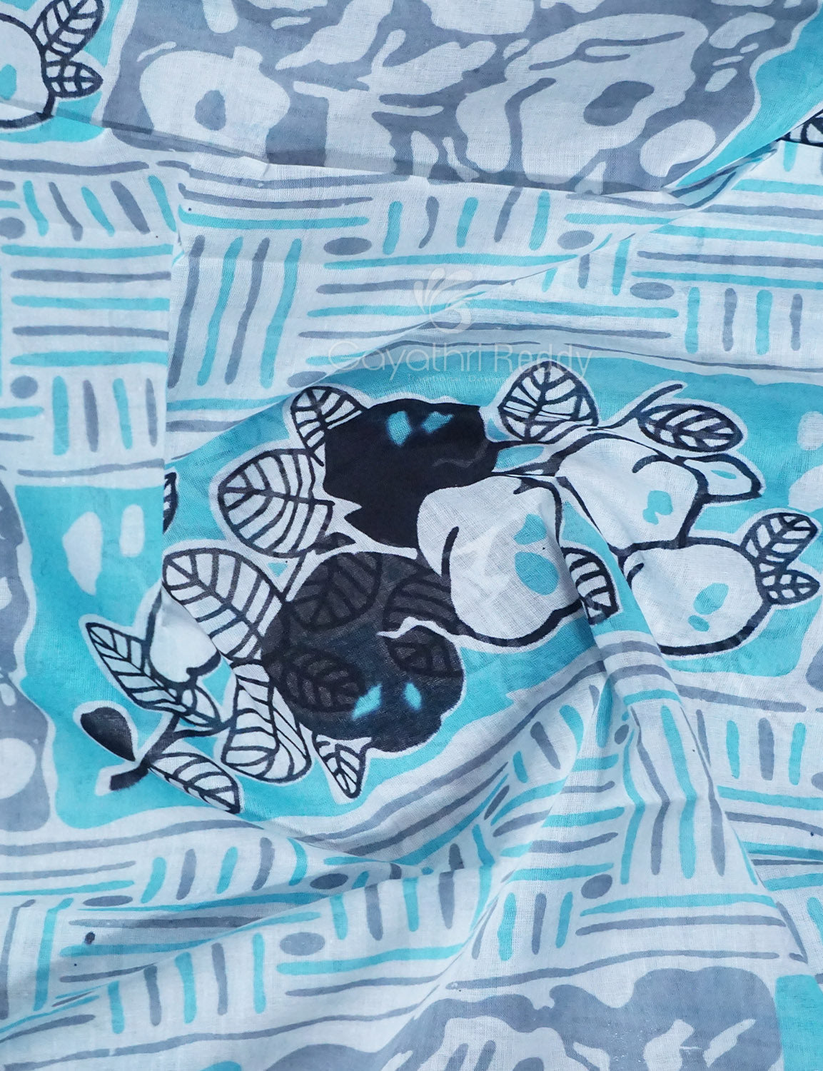 Shades of Sky Blue And Black Colour Floral Print Pure Mulmul Cotton Saree By Gayathri Reddy Designer Studio | Grocsy