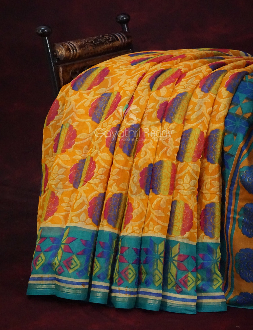 Shades of Yellow With Sea Blue Blouse Printed Semi Chanderi Saree By Gayathri Reddy Designer Studio | Grocsy