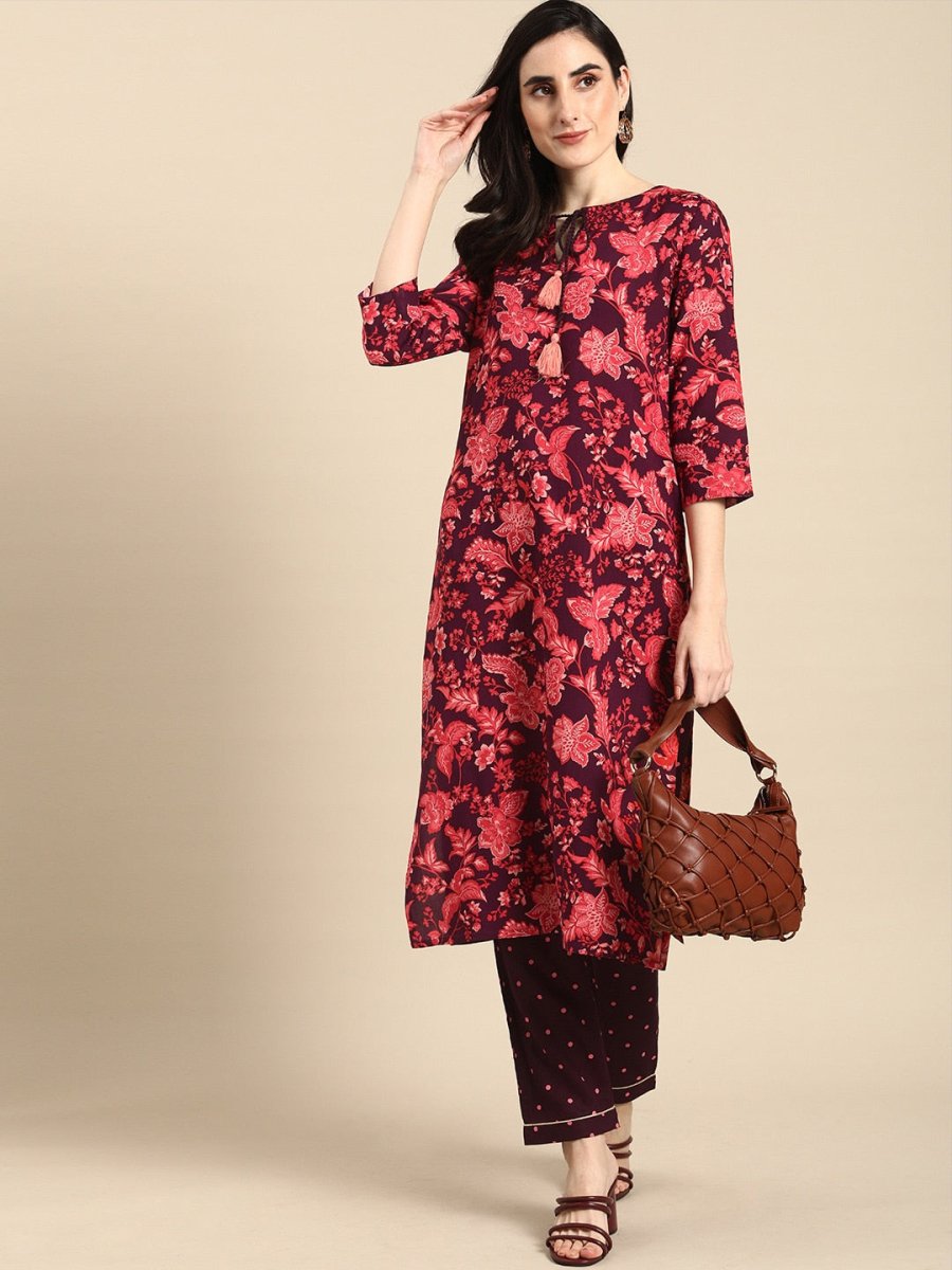 All About You Women Purple & Red Floral Printed Regular Kurta with Trousers | Grocsy