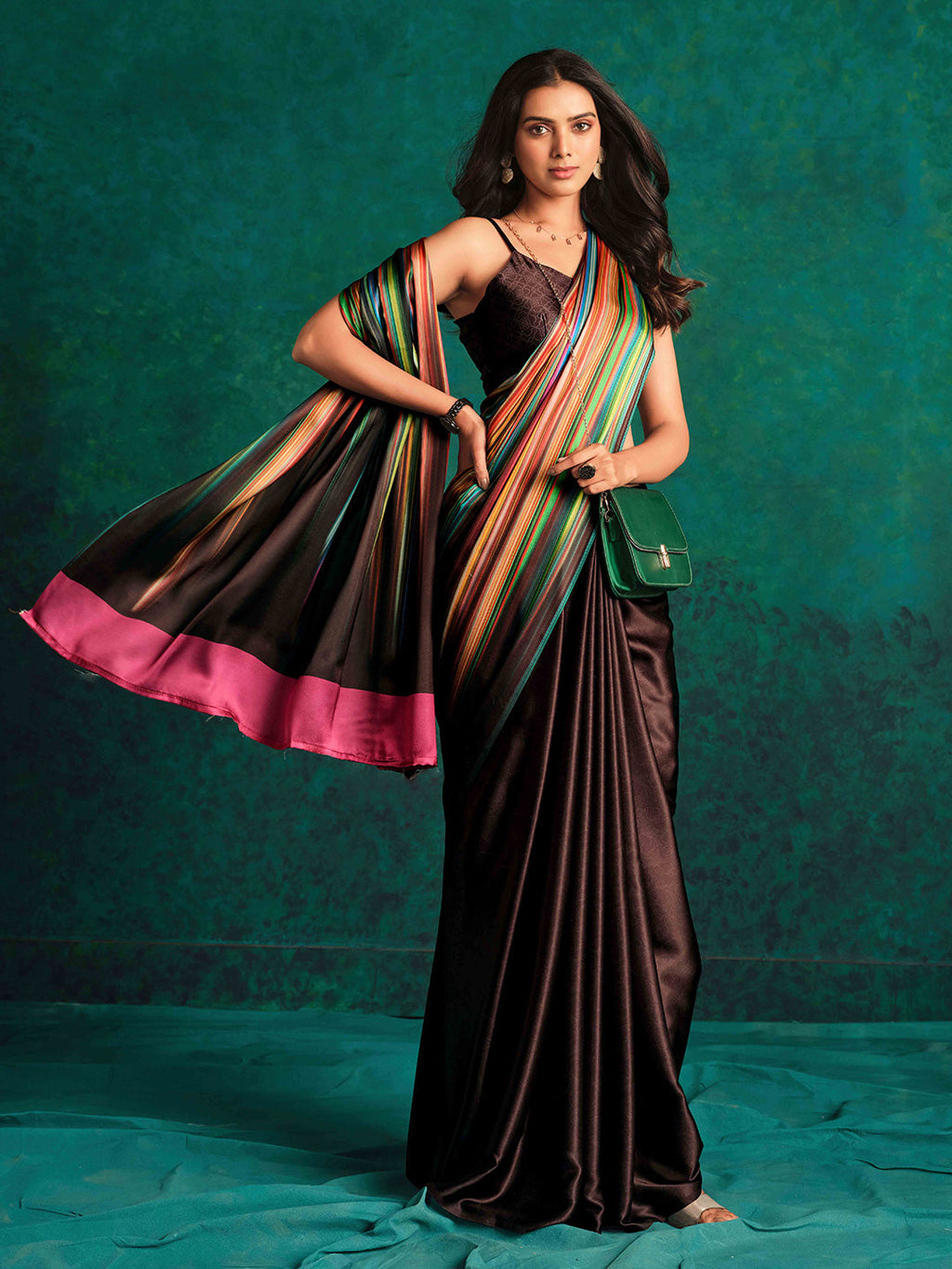 Sangria Striped Digital Printed Satin Saree | Grocsy