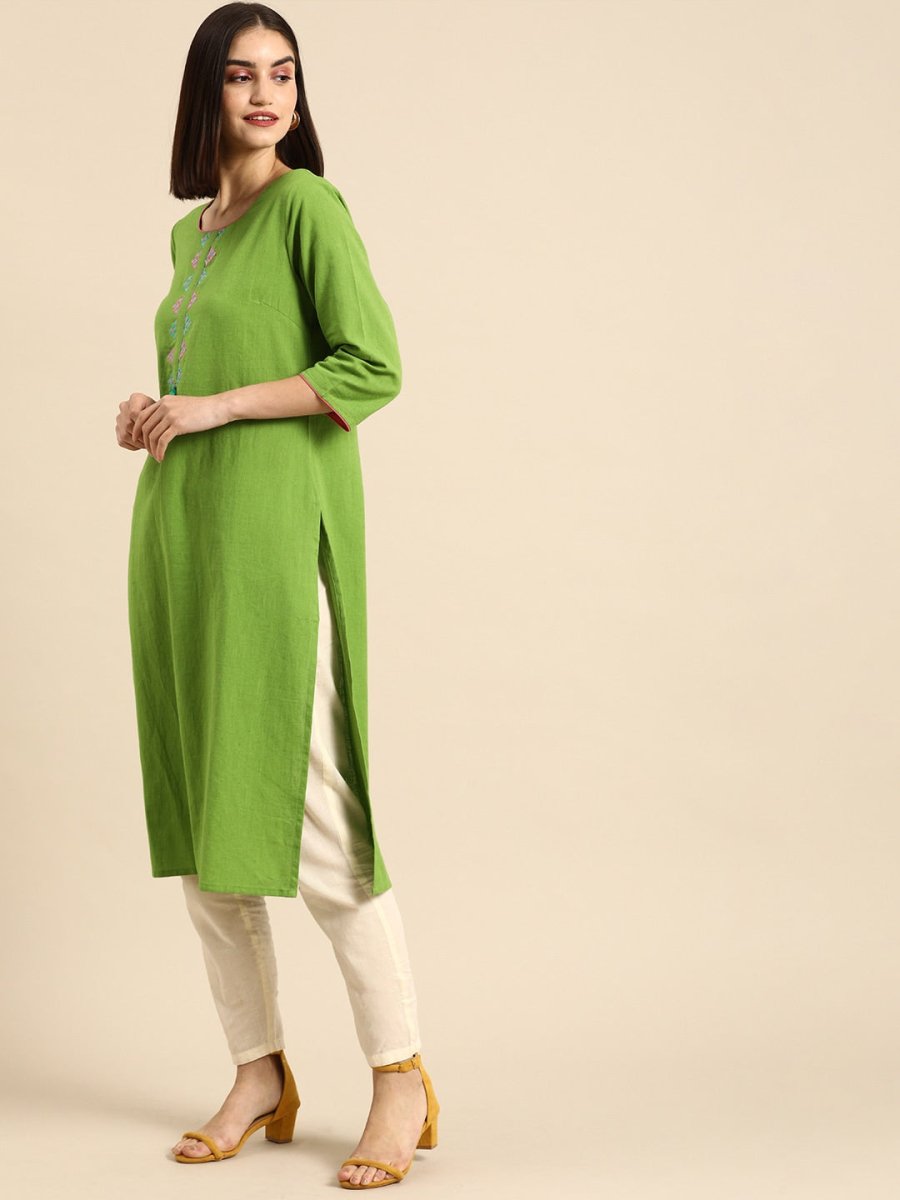 All About You Women Green & Pink Ethnic Motifs Yoke Design Thread Work Pure Cotton Kurta | Grocsy