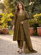 Teeya Creation Mehendi Green Embroidered Kurta Pant Set With Dupatta | Grocsy