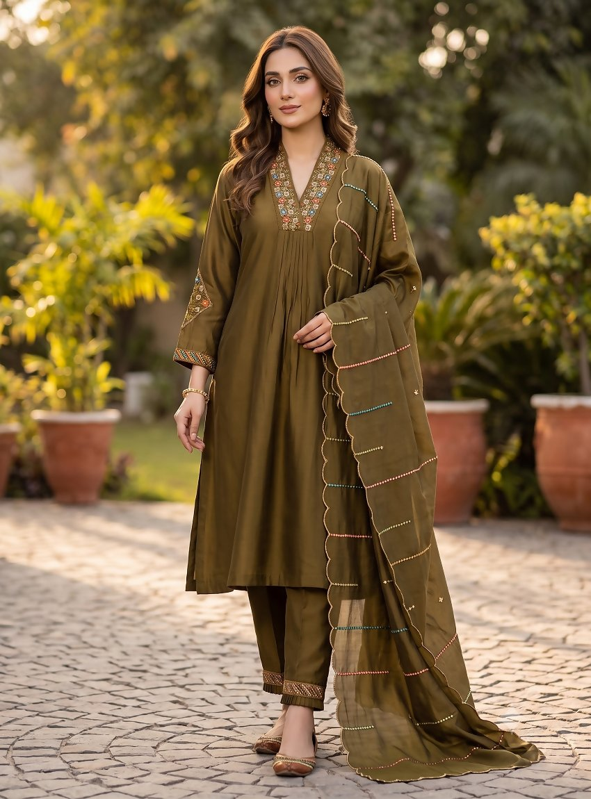 Teeya Creation Mehendi Green Embroidered Kurta Pant Set With Dupatta | Grocsy