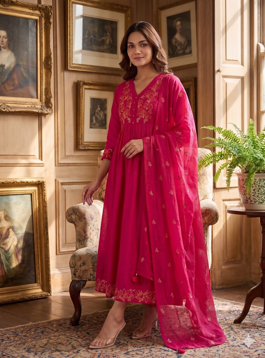 Teeya Creation Elegant Hot Pink Flared Anarkali Kurti And Dupatta Set For Women | Grocsy