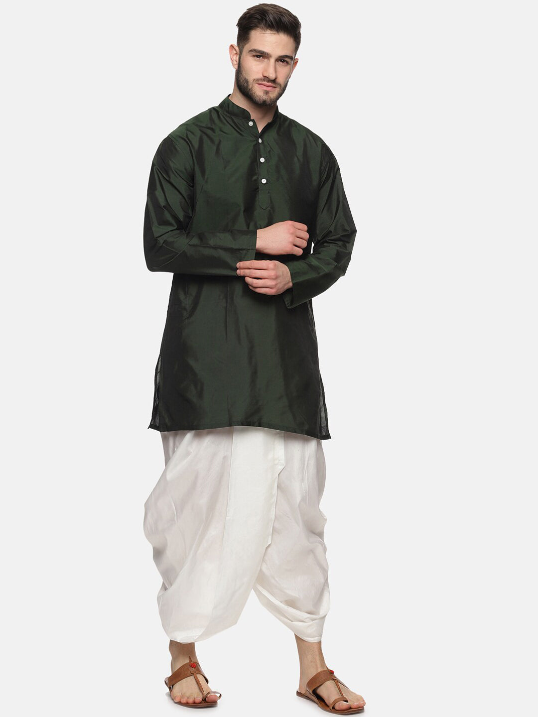 Sethukrishna Men Green Striped Kurta with Dhoti Pants | Grocsy