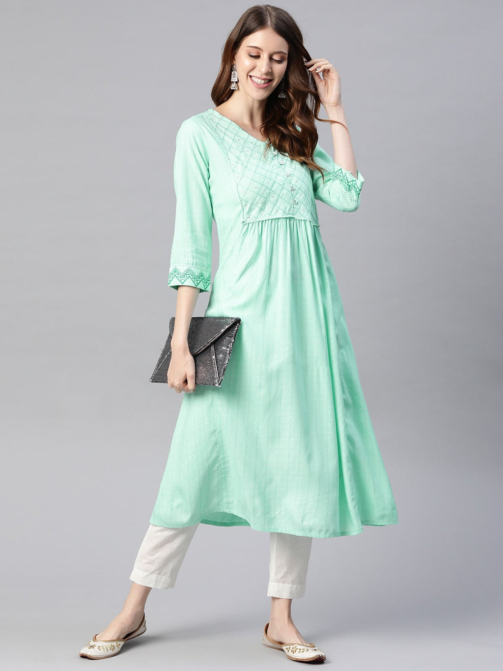 HERE&NOW Women Sea Green Yoke Design A-Line Kurta | Grocsy