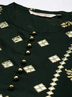 All About You Women Teal Green & Gold-Toned Ethnic Motifs Printed Mirror Work Kurta | Grocsy
