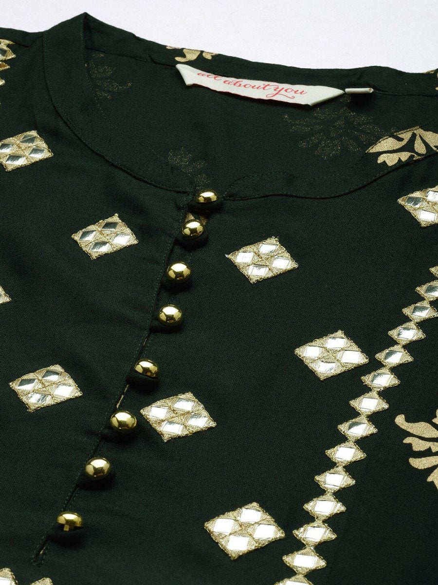 All About You Women Teal Green & Gold-Toned Ethnic Motifs Printed Mirror Work Kurta | Grocsy