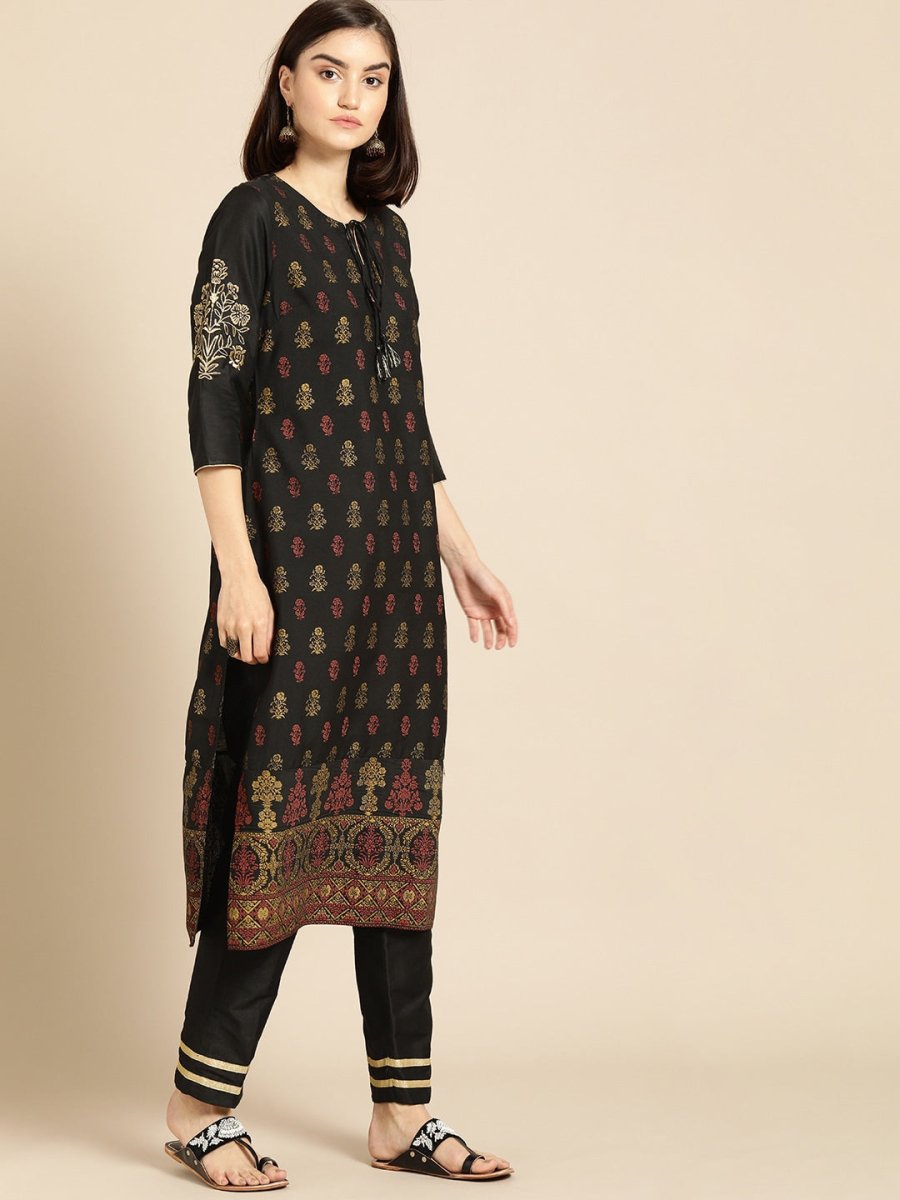 All About You Women Black & Yellow Floral Printed Regular Kurta with Trousers | Grocsy