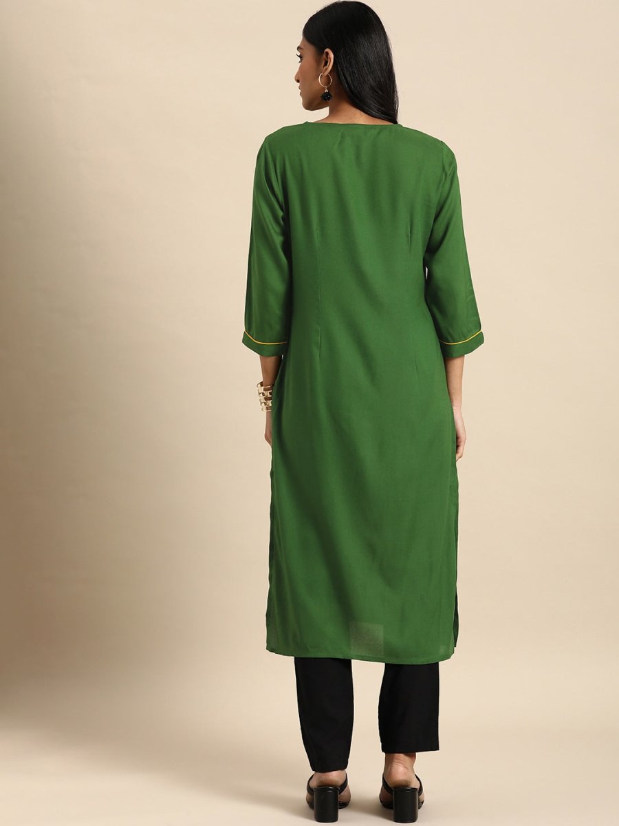 All About You Women Green Ethnic Motifs Yoke Design Keyhole Neck Straight Kurta | Grocsy
