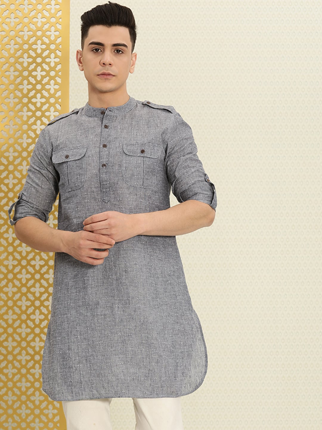 House of Pataudi Men Grey Solid Roll Up Sleeved Pathani Kurta | Grocsy