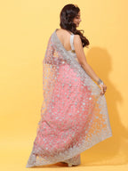 kasee Pink & Silver-Toned Floral Embroidered Net Heavy Work Saree | Grocsy