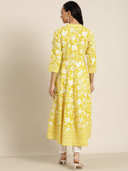 Sangria Women Yellow & White Ethnic Motifs Print Pure Cotton Anarkali Kurta | Grocsy