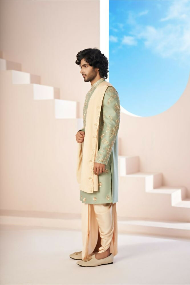 Majestic Mint Green Dupion Silk Sherwani With Satin Dhoti & Santone Dupatta by Hilo Design | Grocsy