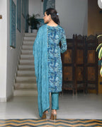 Vaasva Women's Teal Crepe Embroidered Suit Set | Grocsy