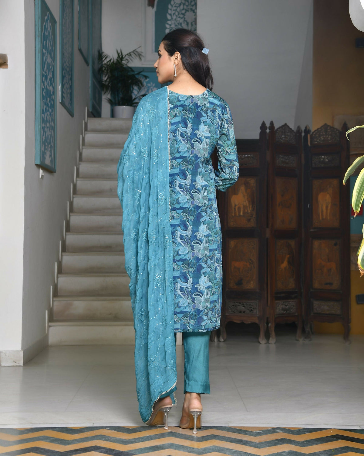 Vaasva Women's Teal Crepe Embroidered Suit Set | Grocsy