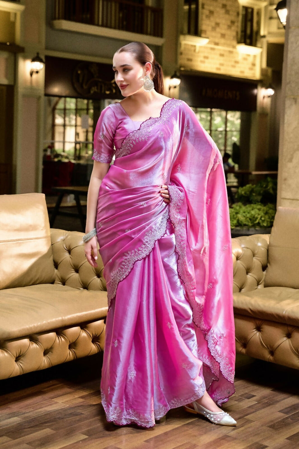 Vastranavya Baby Pink Embroidery Work Shimmer Chiffon Saree with Unstitched Blouse | Grocsy