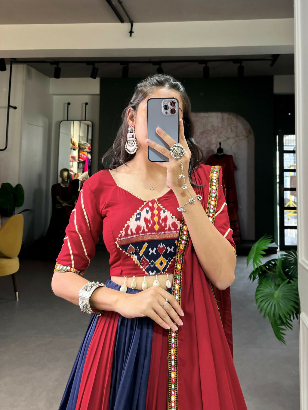 Vastranavya Navaratri Special Rayon with Printed Patch With Gota Patti And Paper Mirror Work And Cowrie (Kodi) Lace Touch Up Lehenga with Stitched Blouse - Navy Blue | Grocsy