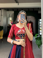 Vastranavya Navaratri Special Rayon with Printed Patch With Gota Patti And Paper Mirror Work And Cowrie (Kodi) Lace Touch Up Lehenga with Stitched Blouse - Navy Blue | Grocsy