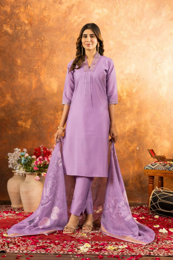 Lavender Embroidery Work Salwar Kurti Kameez by Infinity Export | Grocsy