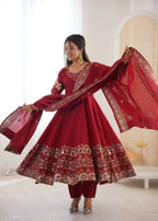 Teeya Creation Maroon Roman Silk Embroidery Work Party Wear Long Gown | Grocsy