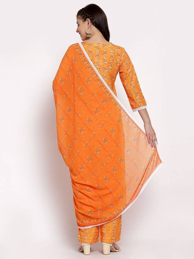 Myshka Women's Orange Cotton Printed 3/4 Sleeve Round Neck Casual Kurta Pant Dupatta Set | Grocsy