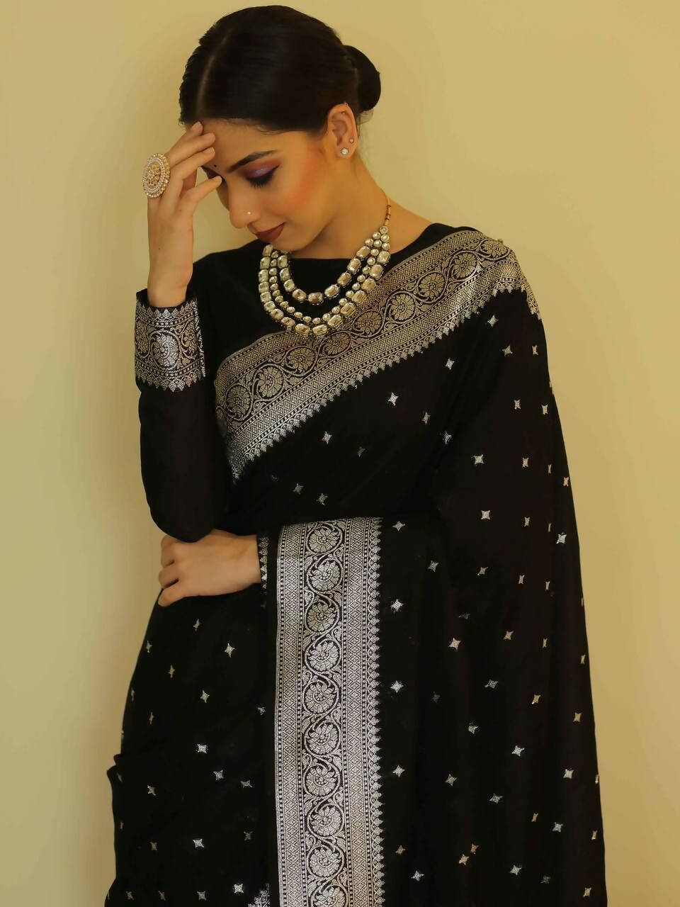 DEIANA'S Beautiful Designer Golden zari Soft Lichi Silk Saree - Black | Grocsy