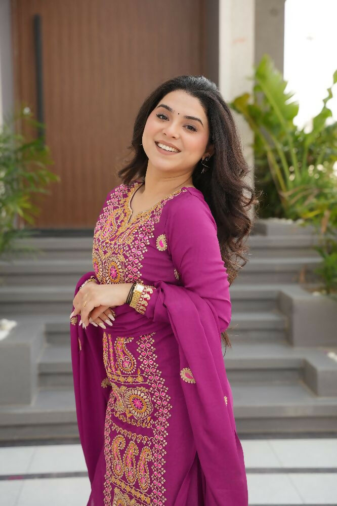 Joban Fashion Magenta Kurta Set Silk Sequins , Zari, Coding & Thread Embroidered work | Grocsy