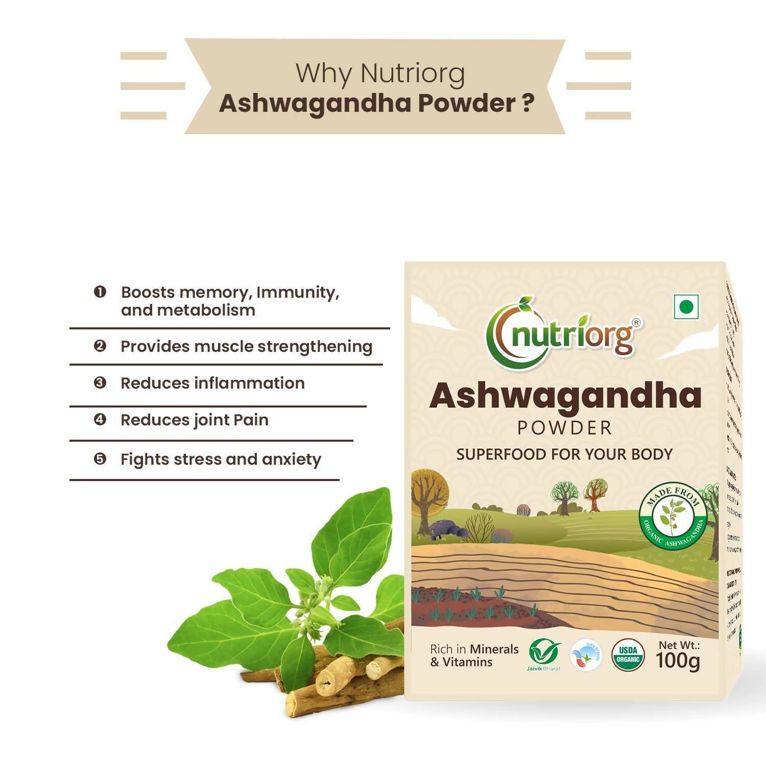Nutriorg Certified Organic Ashwagandha Powder | Grocsy