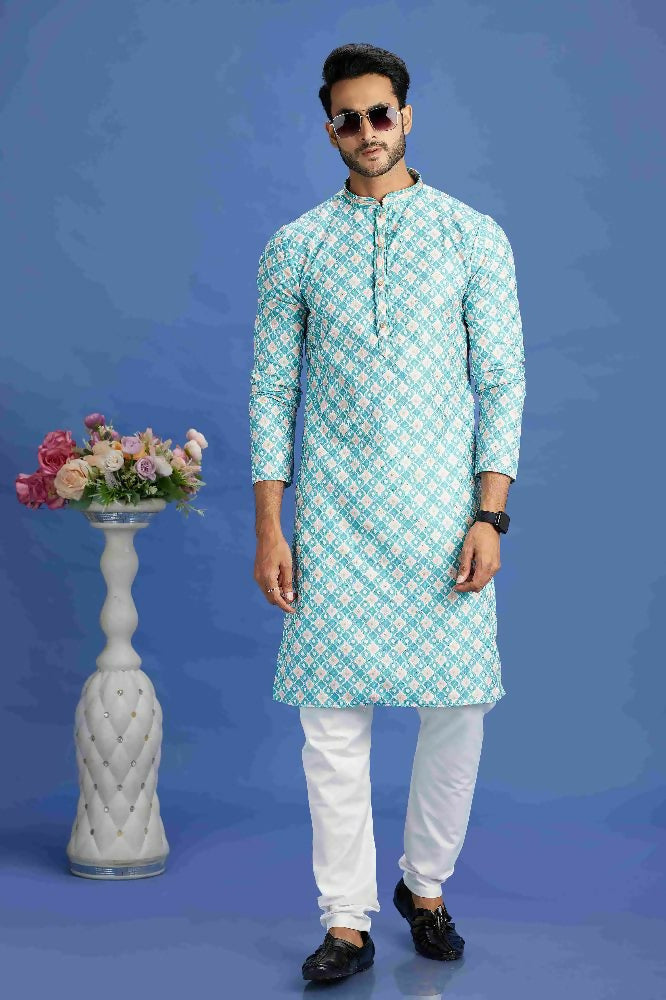 Raivat Ethnic Cotton Embroidery Kurta Pajama In Teal Green Colour | Grocsy