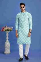 Raivat Ethnic Cotton Embroidery Kurta Pajama In Teal Green Colour | Grocsy