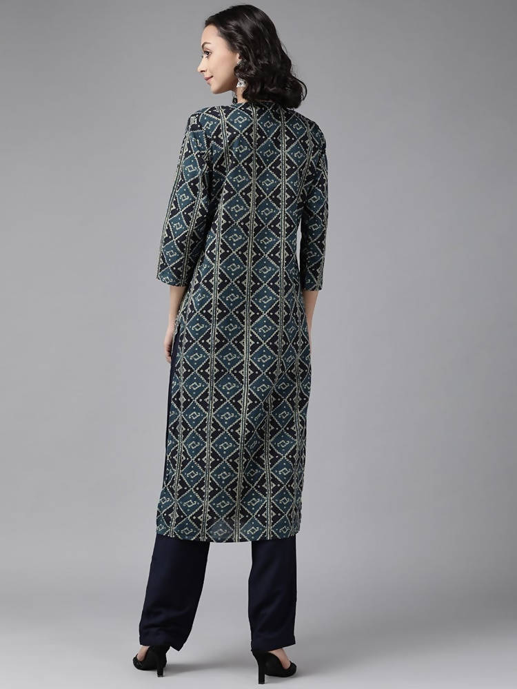 Yufta Teal Blue & Black Printed Pure Cotton Kurta with Palazzo | Grocsy