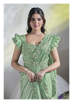 Sea Green Two Tone Satin Silk Designer Ready to wear saree with stithced Blouse - Mohmanthan Aura | Grocsy