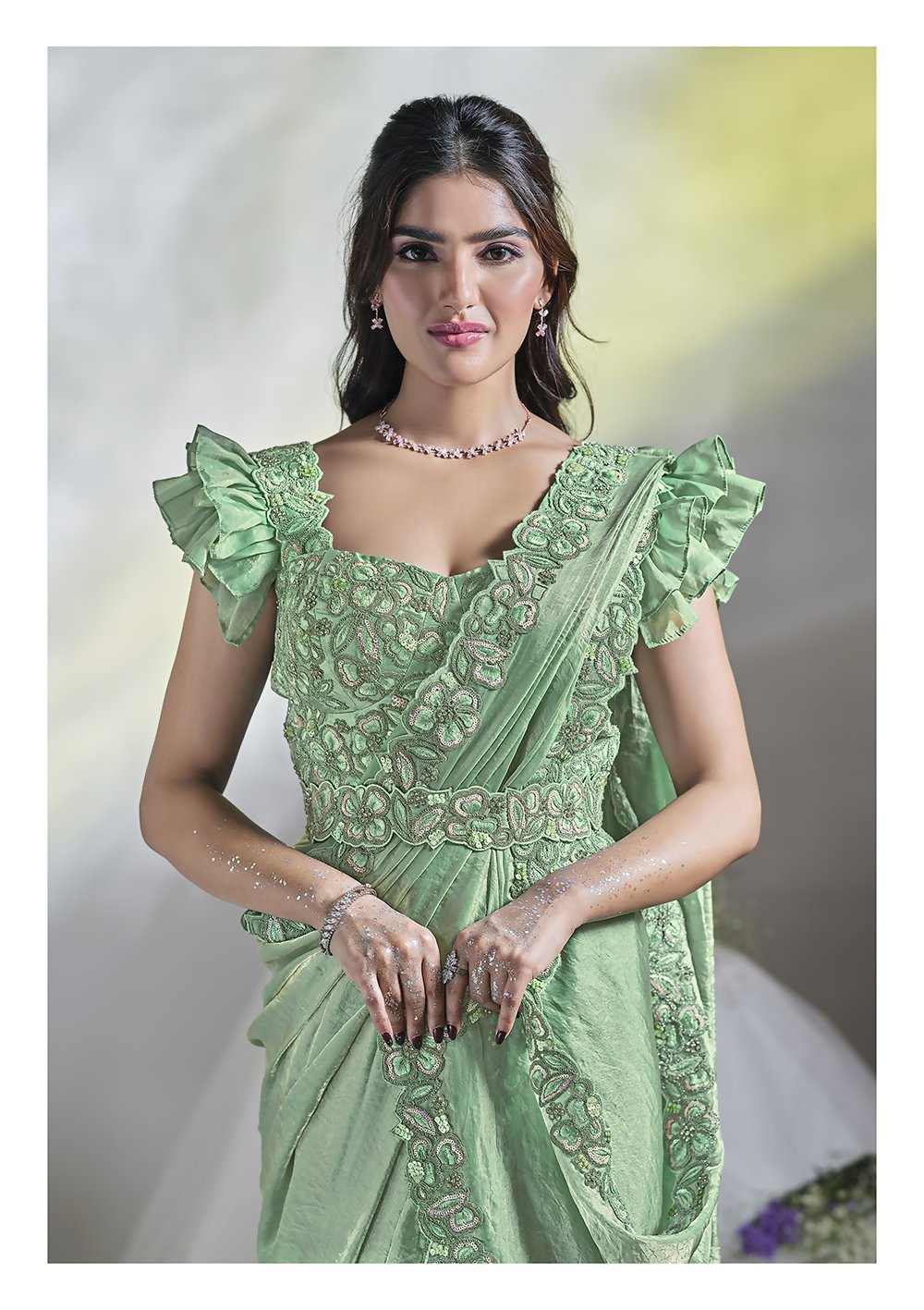 Sea Green Two Tone Satin Silk Designer Ready to wear saree with stithced Blouse - Mohmanthan Aura | Grocsy