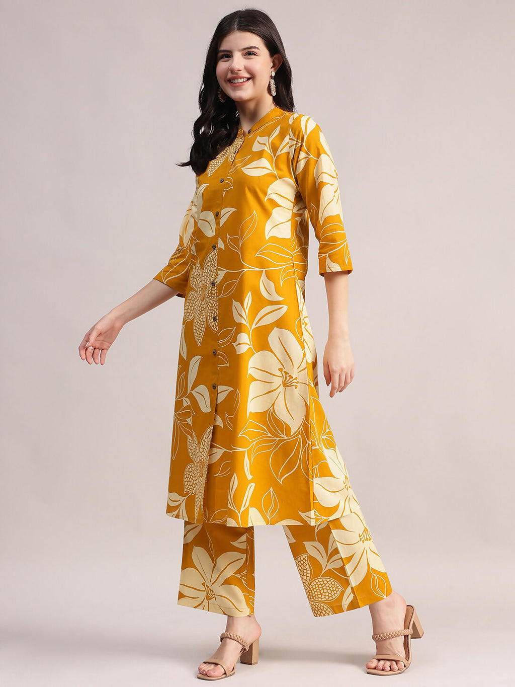 Aavyora Women's Mustard Yellow & White Floral Printed Cotton Co-Ord Set | Grocsy