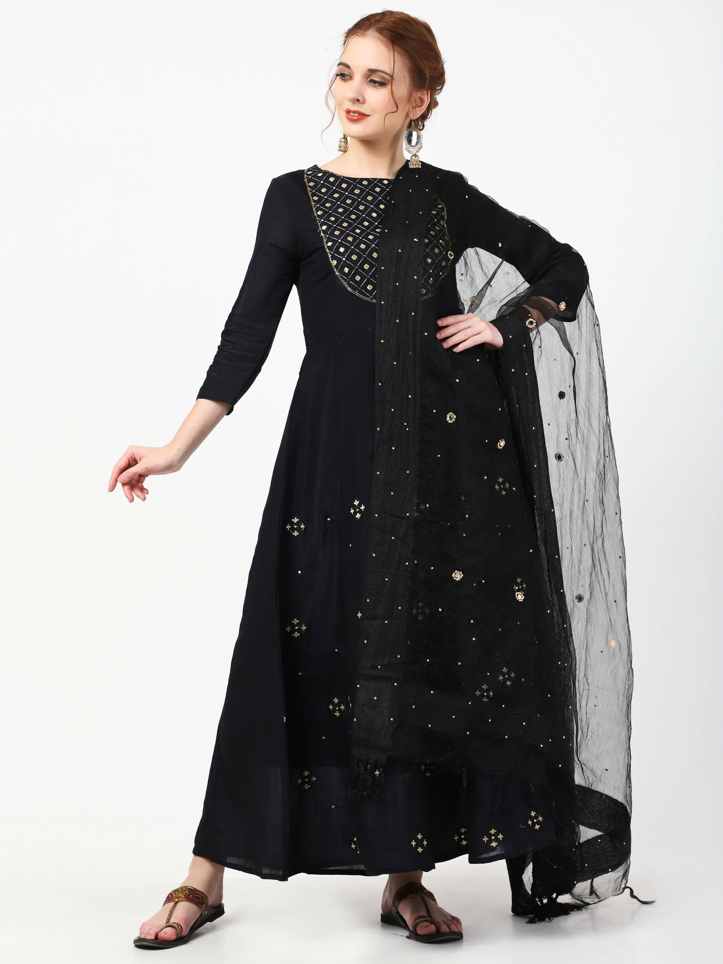 Cheera Embellished Party Wear Anarkali Dress with Dupatta - Black | Grocsy