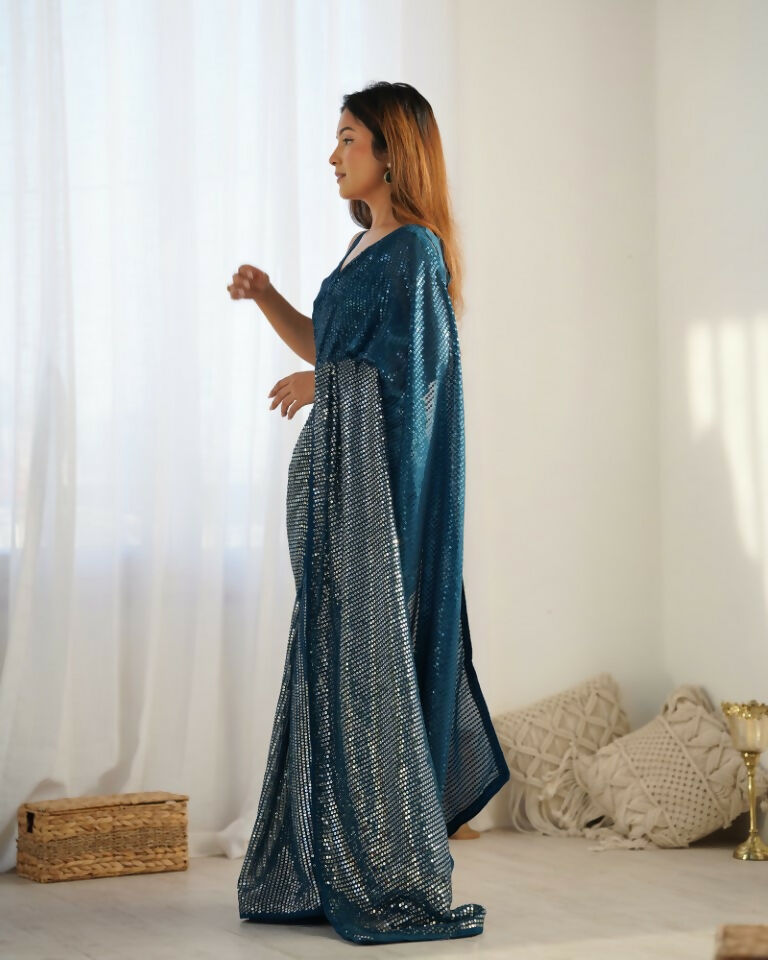 Petrol Georgette Designer Sequence Embroidery Work Saree - Sitare | Grocsy