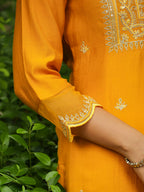 Janasya Mustard Silk Blend Embroidered Kurta,Bottom & Dupatta | Grocsy