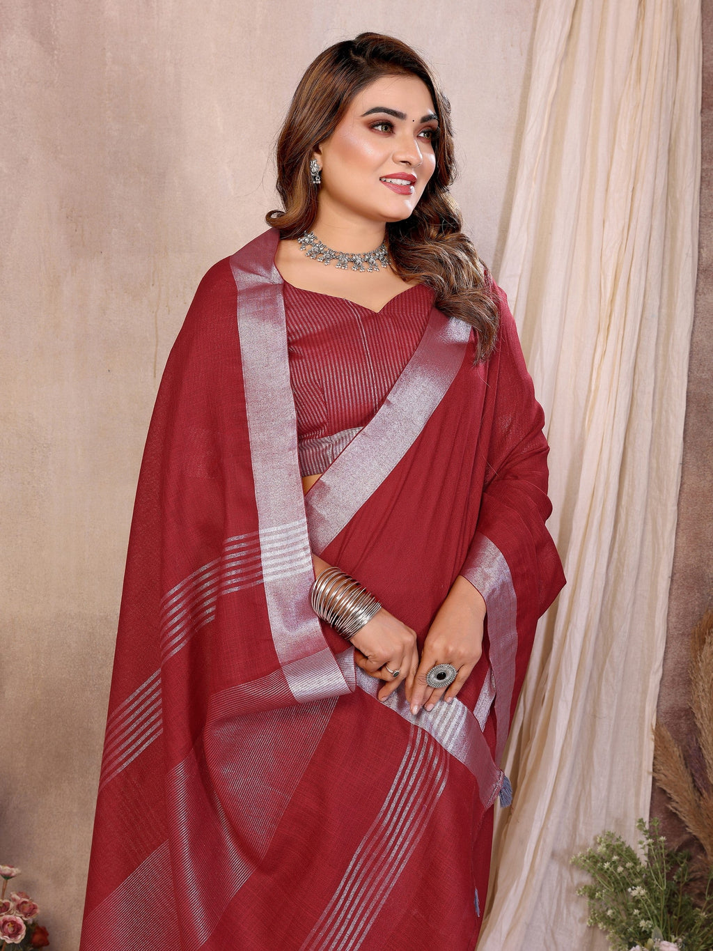 Anaita Red Weaving Linen Cotton Saree With Blouse | Grocsy