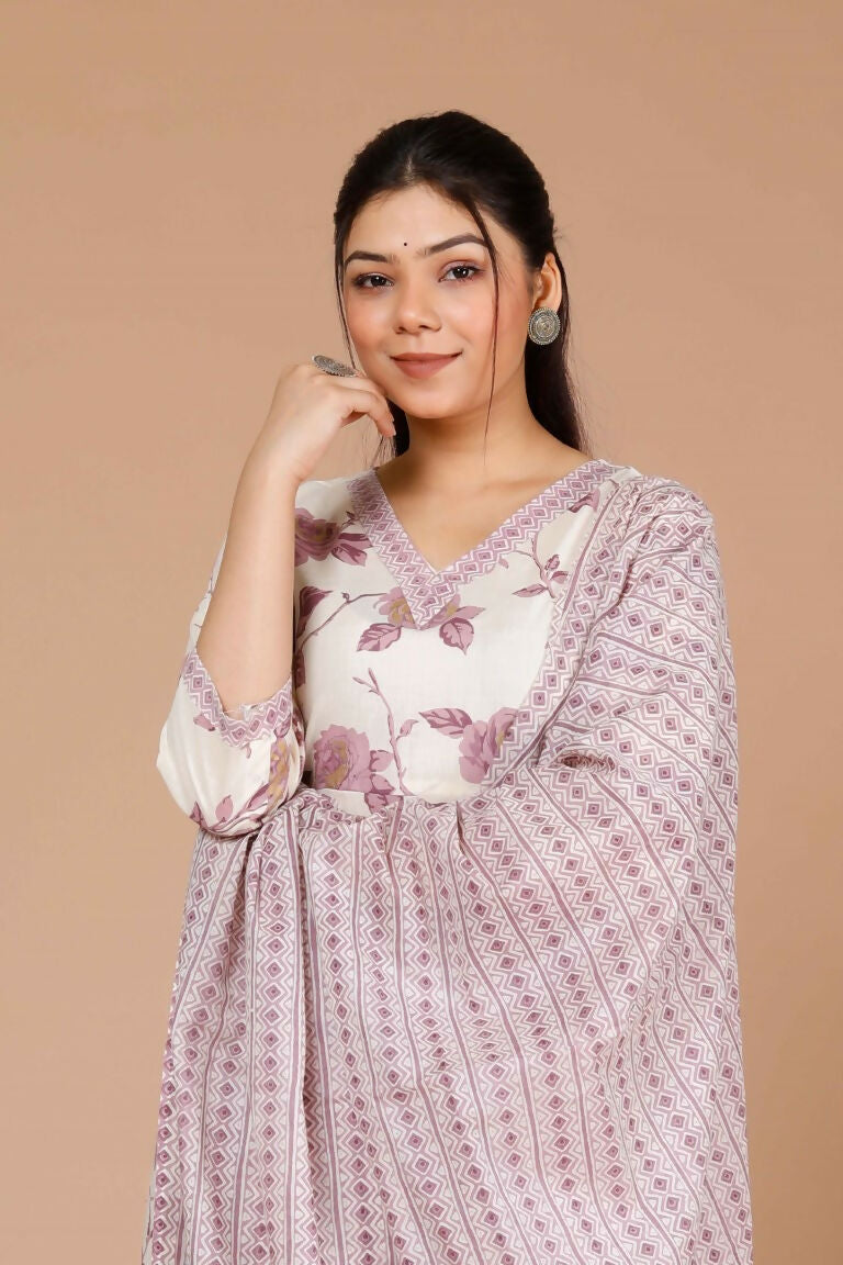 Miravan Women's Pink Floral Print Anarkali Kurta With Palazzo & Dupatta Set | Grocsy