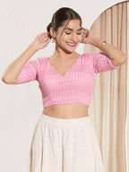 Joban Fashion Baby Pink Crochet Padded Blouse With V Neck Elbow Sleeves | Grocsy