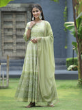 Juniper Green Santoon Slub Festive Foil Print Straight Lehnga Choli Set For Women | Grocsy