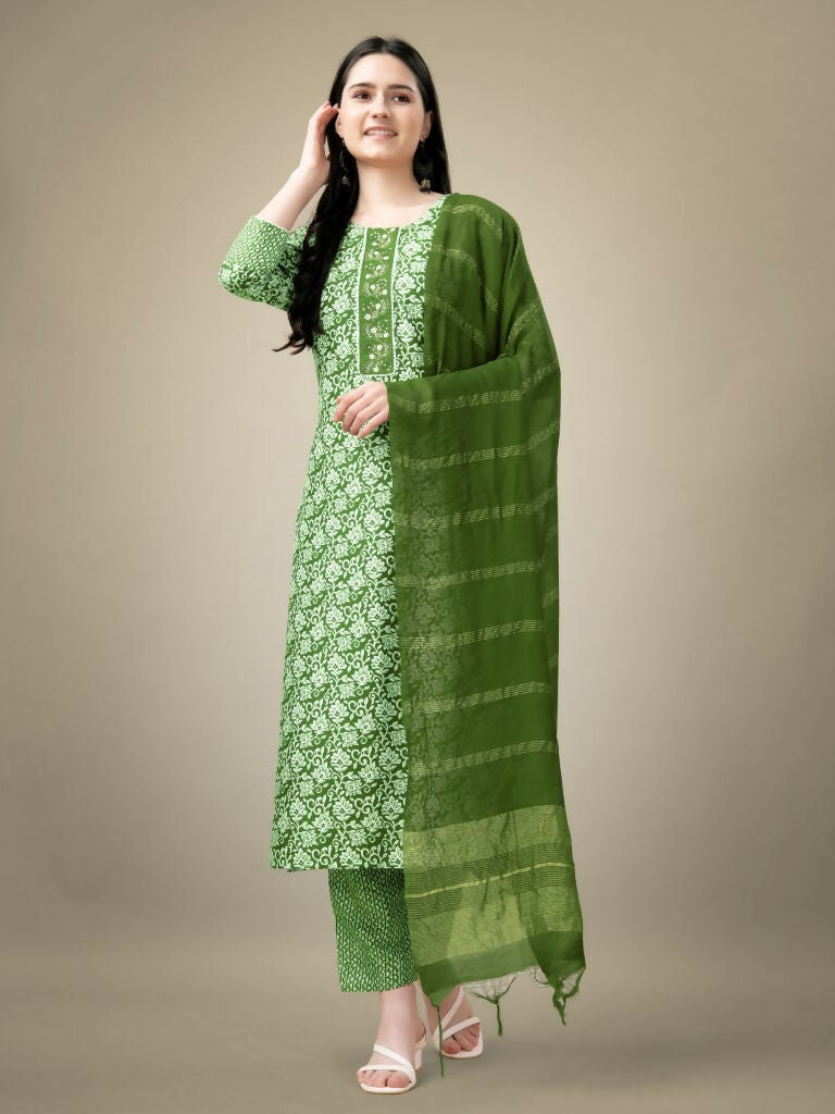 Jyoti Fashion Women's Green Rayon Embroidery & Sequence work Kurta with Trouser & Dupatta | Grocsy