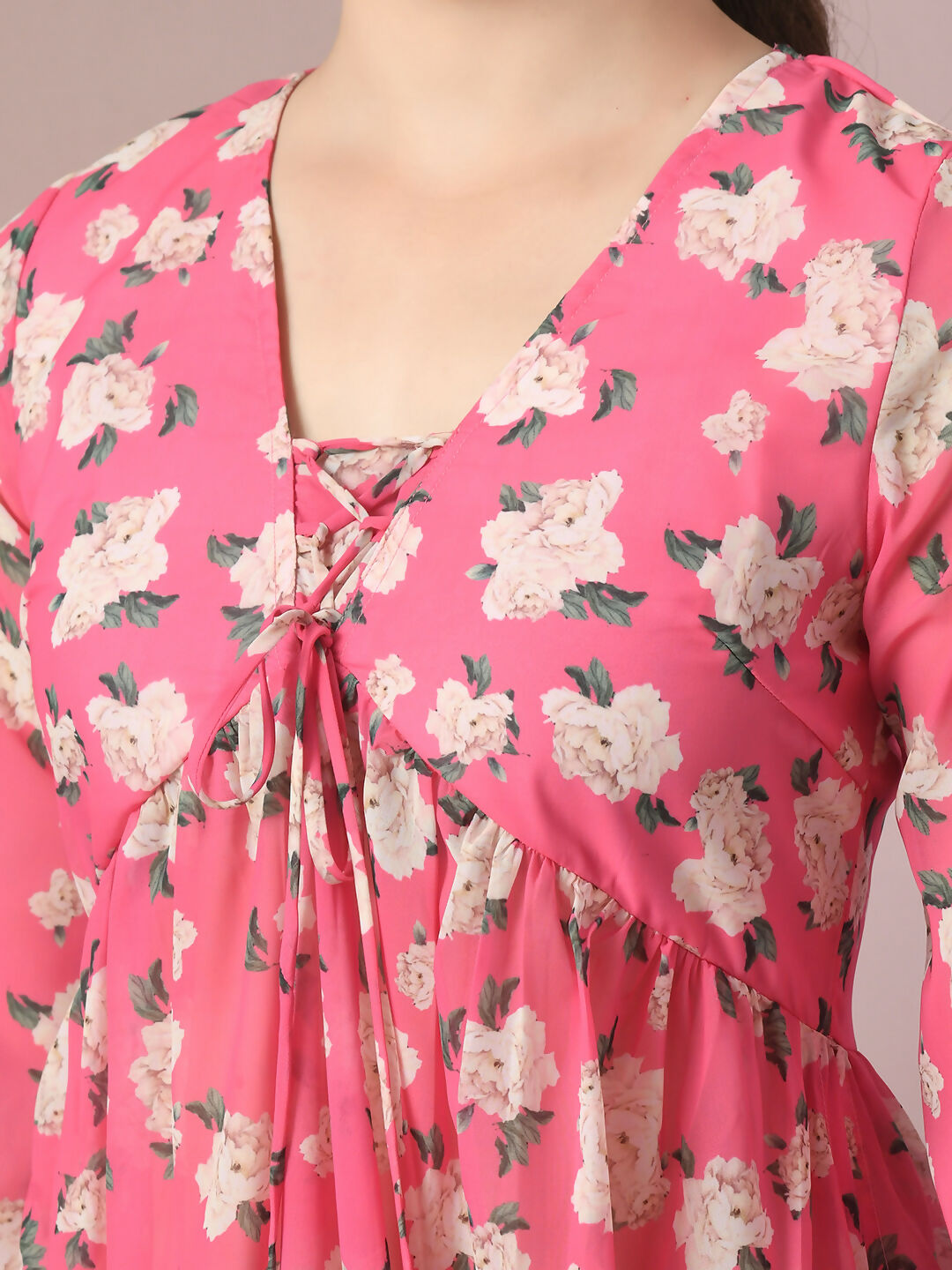 Myshka Women's Pink Printed Georgette A-Line Nyra-cut Kurta | Grocsy