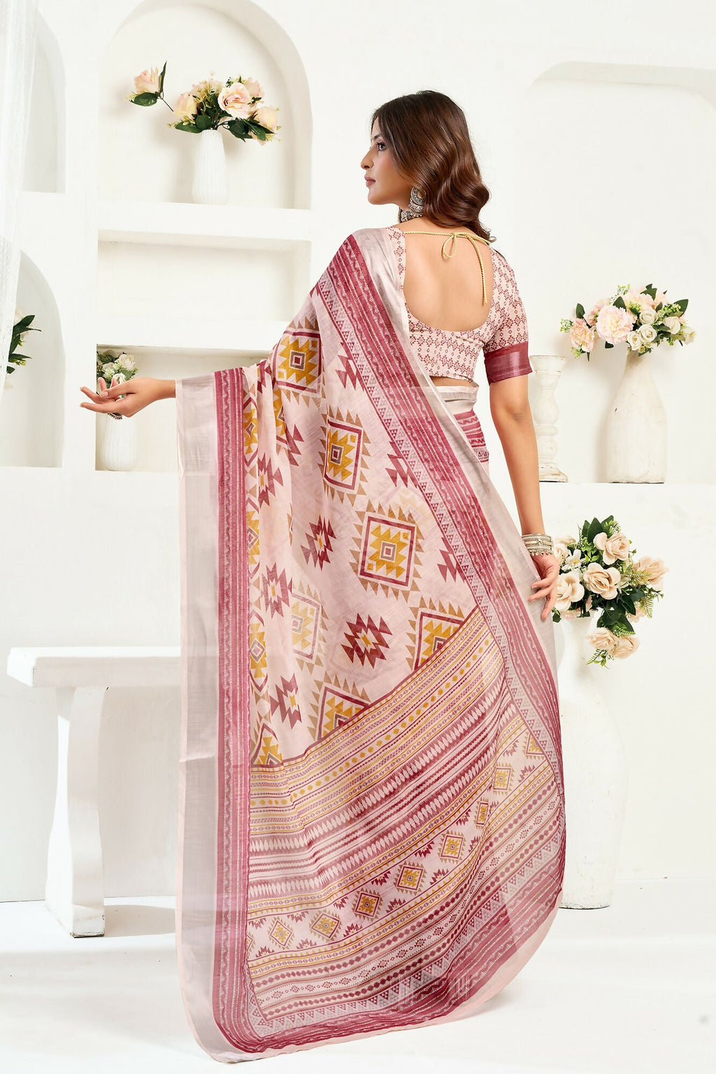 Vastranavya White Maroon Digital Printed Linen Ready To Wear Designer Saree with Unstitched Blouse | Grocsy