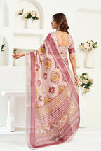 Vastranavya White Maroon Digital Printed Linen Ready To Wear Designer Saree with Unstitched Blouse | Grocsy