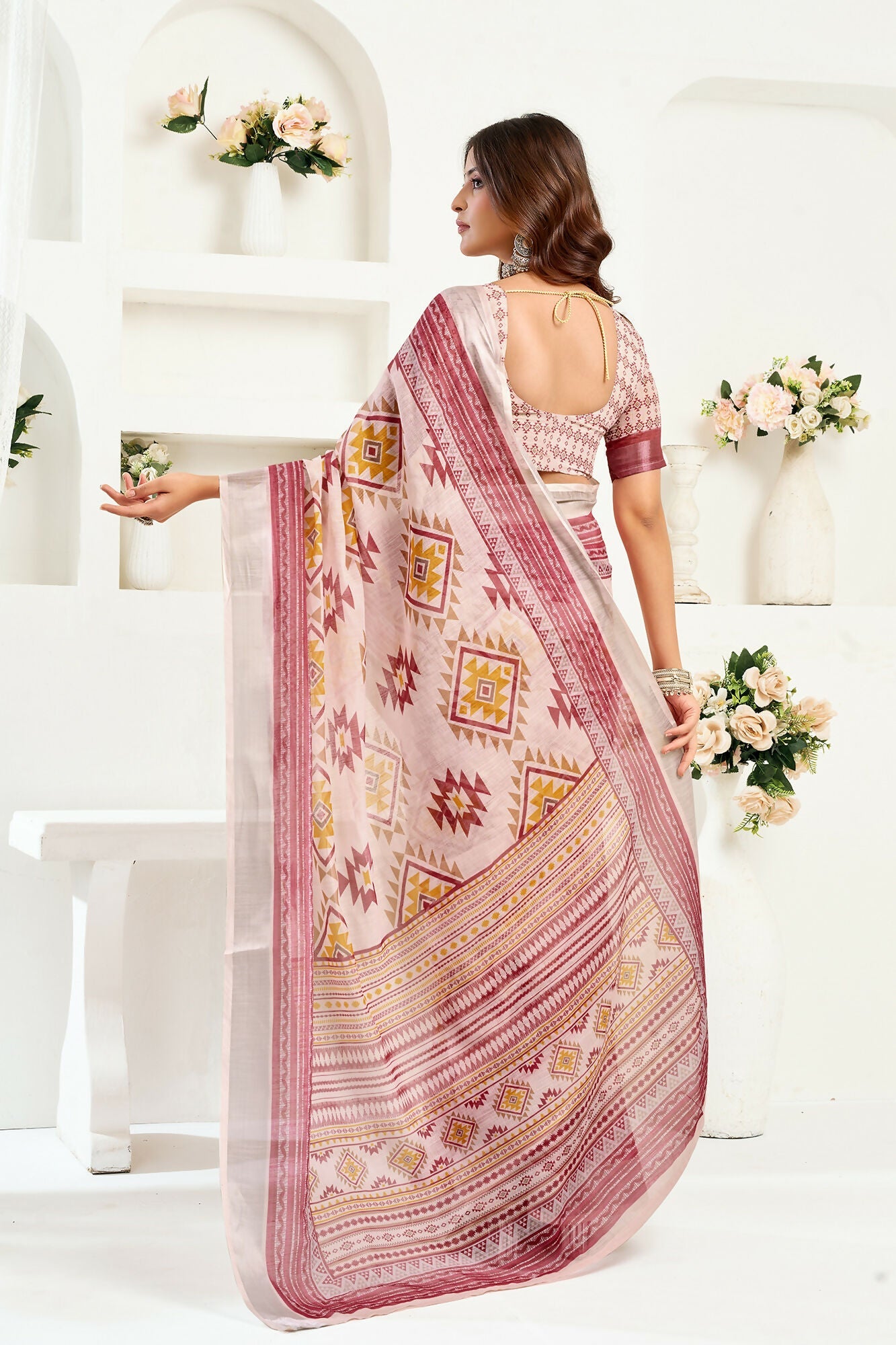 Vastranavya White Maroon Digital Printed Linen Ready To Wear Designer Saree with Unstitched Blouse | Grocsy