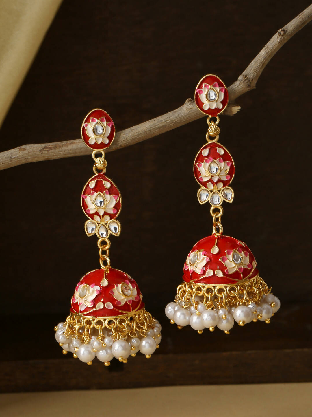 NVR Women Gold-Polished Red Kundan Jhumkas Earrings | Grocsy